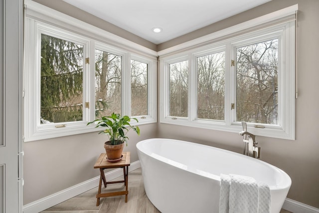 full bath featuring a healthy amount of sunlight, a freestanding bath, and baseboards