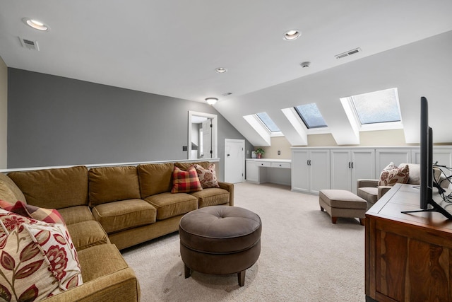 living room with light carpet, lofted ceiling with skylight, visible vents, and recessed lighting