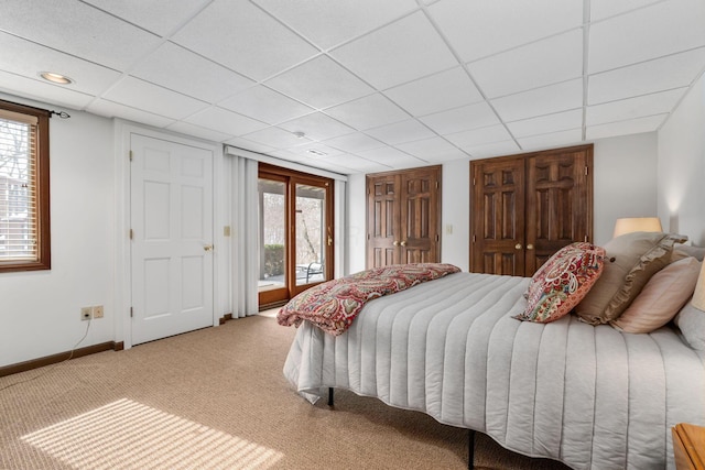 bedroom with access to exterior, multiple windows, baseboards, and carpet flooring