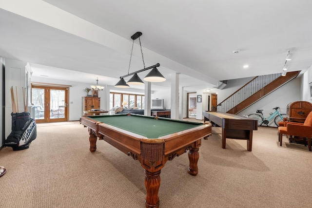 game room featuring pool table, french doors, and light colored carpet