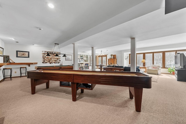 game room with billiards, baseboards, carpet flooring, and recessed lighting