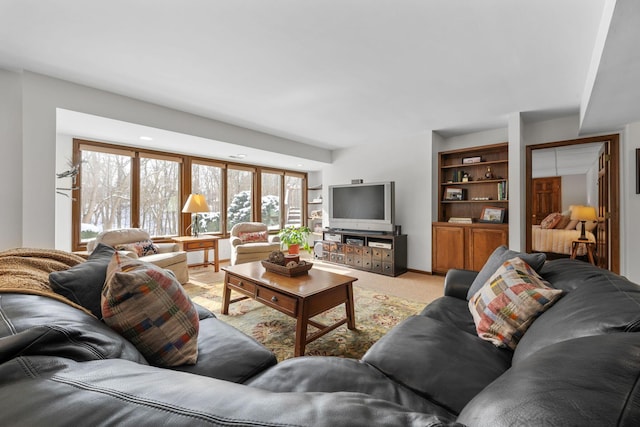 living room with light colored carpet