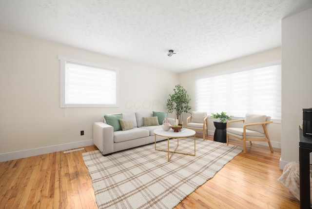 living room featuring a textured ceiling and light hardwood / wood-style flooring