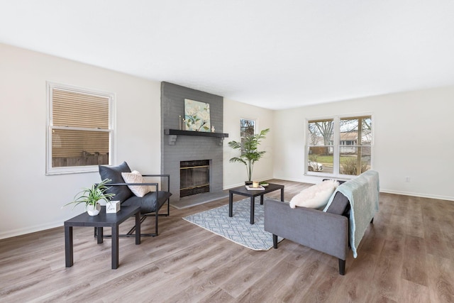 living room with a fireplace and light hardwood / wood-style floors