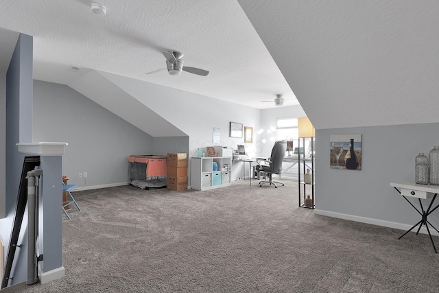 bonus room featuring vaulted ceiling, carpet flooring, ceiling fan, and a textured ceiling