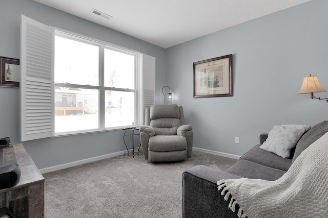 living area with light colored carpet