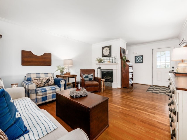 living room featuring wood-type flooring and crown molding