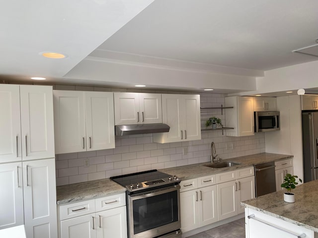 kitchen featuring sink, decorative backsplash, white cabinets, and appliances with stainless steel finishes