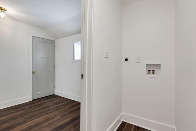 clothes washing area with hookup for an electric dryer, dark wood-type flooring, and washer hookup