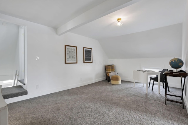 interior space with carpet and lofted ceiling with beams