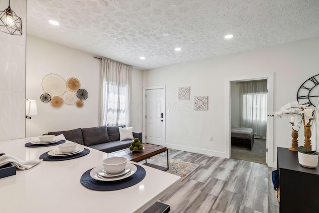 living room featuring a textured ceiling, light hardwood / wood-style floors, and a healthy amount of sunlight