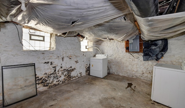 basement featuring electric panel and washer / clothes dryer