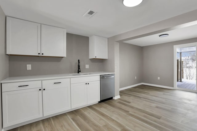 kitchen featuring stainless steel dishwasher, light hardwood / wood-style floors, white cabinets, and sink