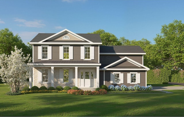 view of front of property featuring covered porch and a front yard