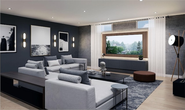 cinema room featuring recessed lighting, an accent wall, wood finished floors, and baseboards