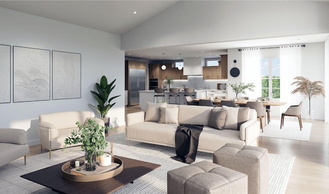 living area with light wood finished floors, recessed lighting, and high vaulted ceiling