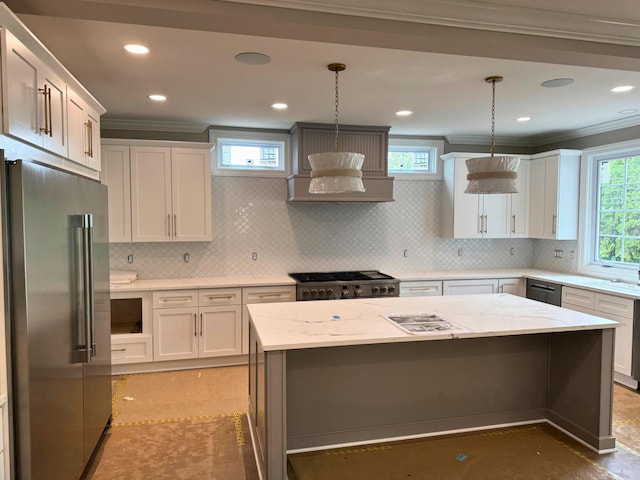 3519 Redding Rd, Columbus, OH 43221 - kitchen featuring appliances with stainless steel finishes, crown molding, white cabinetry, decorative backsplash, and recessed lighting