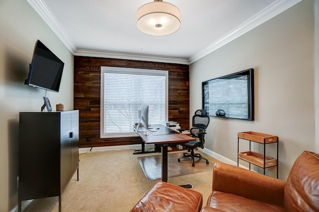 carpeted office featuring baseboards and ornamental molding