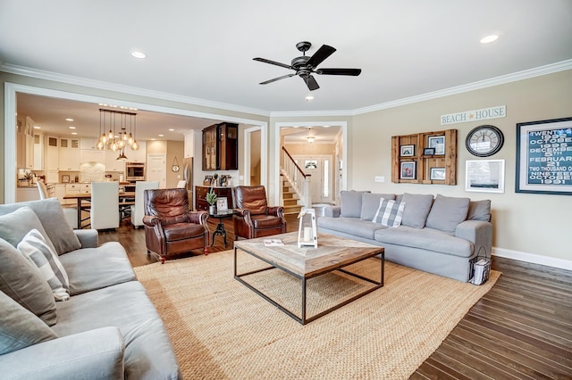 living room with recessed lighting, crown molding, baseboards, and wood finished floors