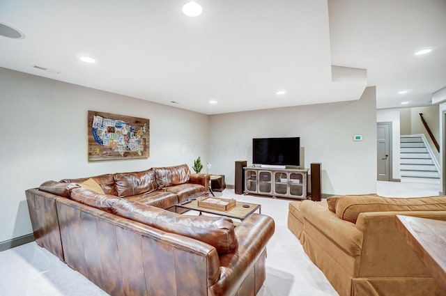 living room with carpet, visible vents, stairway, and recessed lighting