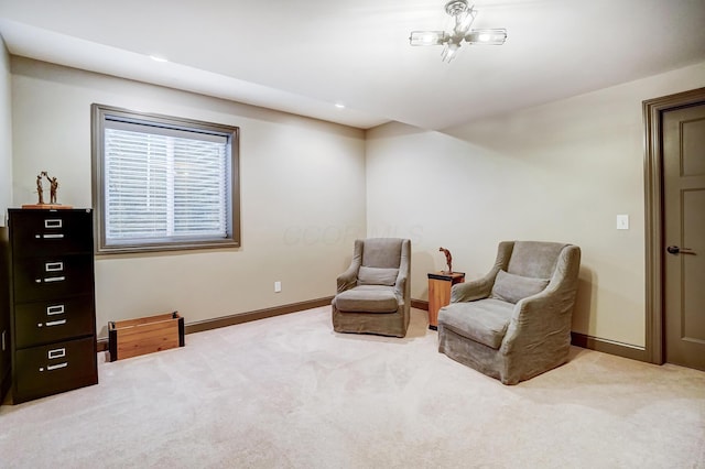 sitting room featuring carpet, baseboards, and recessed lighting