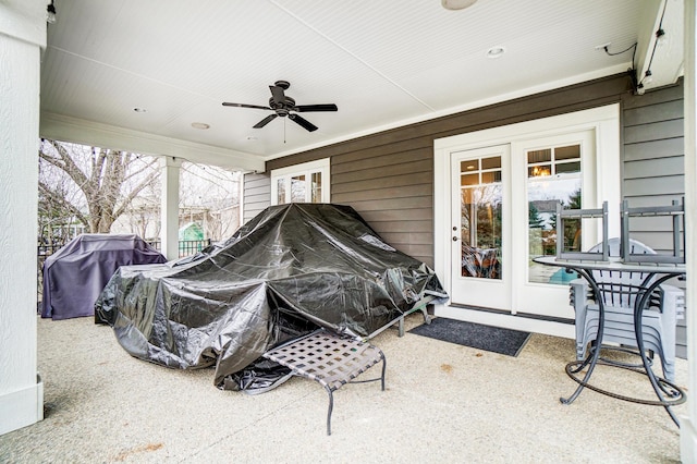 view of patio / terrace with ceiling fan and area for grilling