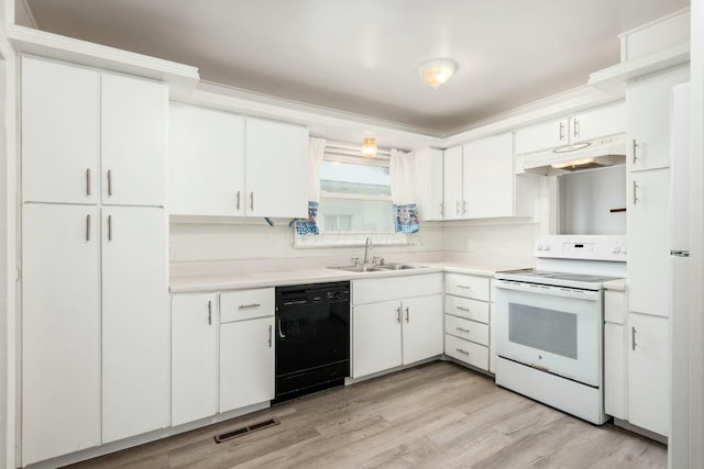 kitchen with white cabinets, black dishwasher, white range with electric stovetop, and sink