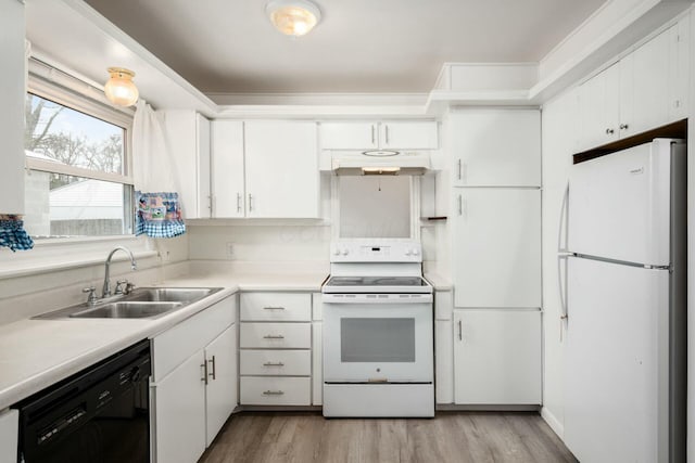 kitchen featuring white cabinetry, light wood-type flooring, white appliances, and sink