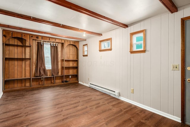 spare room with beam ceiling, wood walls, hardwood / wood-style floors, and a baseboard radiator