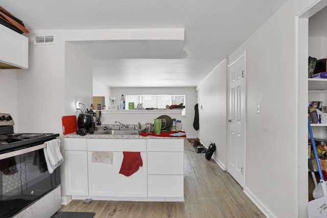 kitchen with light hardwood / wood-style floors, kitchen peninsula, electric range, sink, and white cabinetry