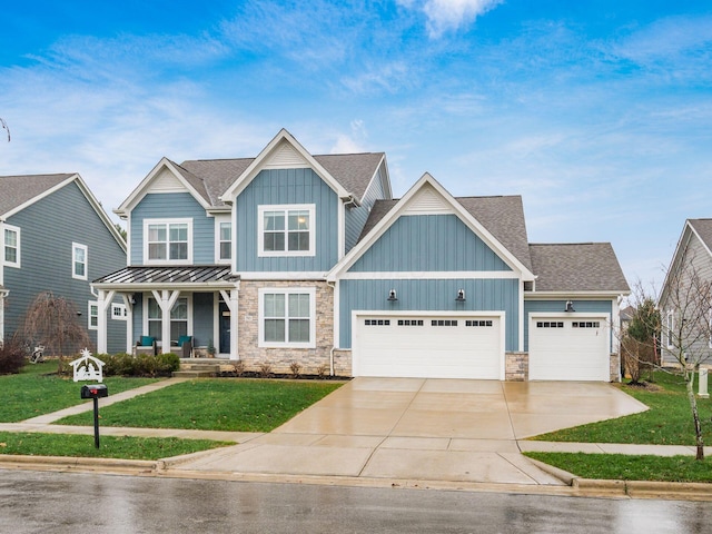 craftsman-style house with a garage, a porch, and a front yard