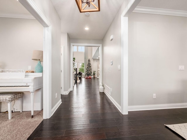 hallway featuring dark hardwood / wood-style flooring and crown molding