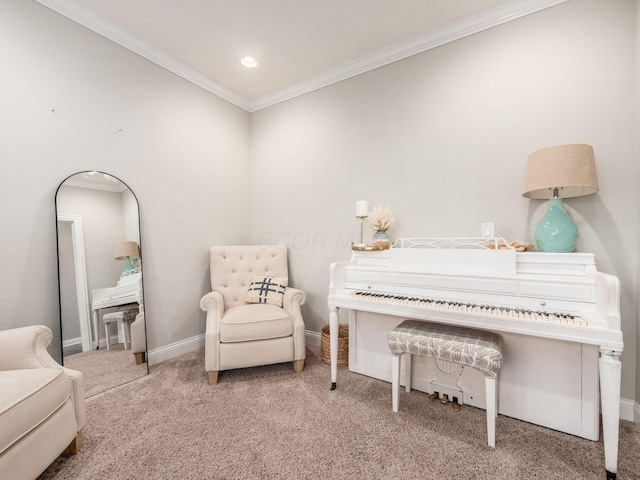 living area with carpet and ornamental molding