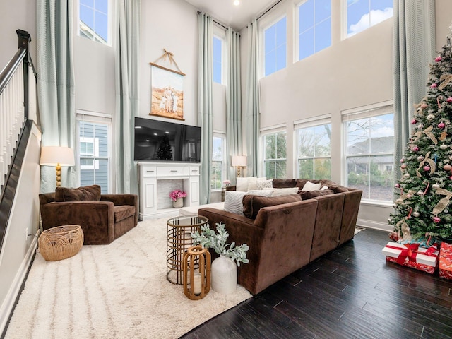 living room featuring dark hardwood / wood-style flooring and a towering ceiling