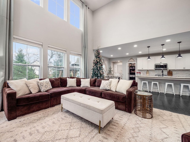 living room featuring light hardwood / wood-style flooring and a high ceiling