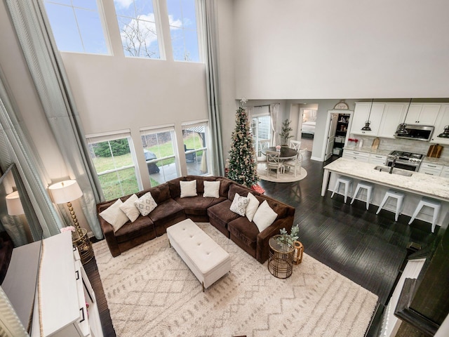 living room with a high ceiling, light hardwood / wood-style floors, a wealth of natural light, and sink