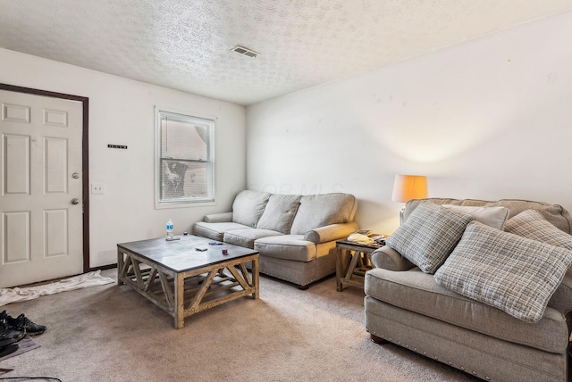 carpeted living room with a textured ceiling