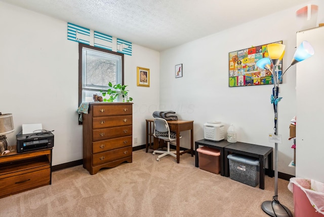 office space with light carpet and a textured ceiling