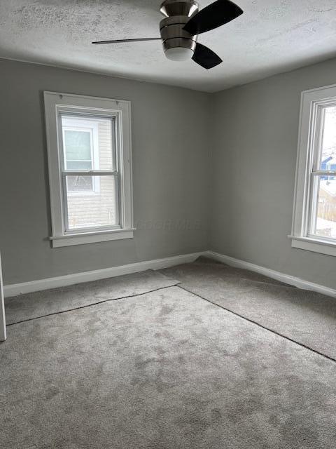 unfurnished room with carpet, ceiling fan, and a textured ceiling