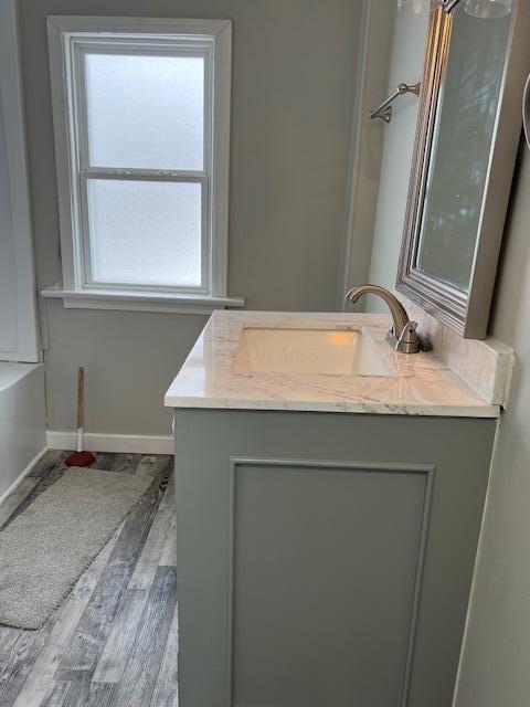 bathroom featuring vanity, a healthy amount of sunlight, and hardwood / wood-style flooring