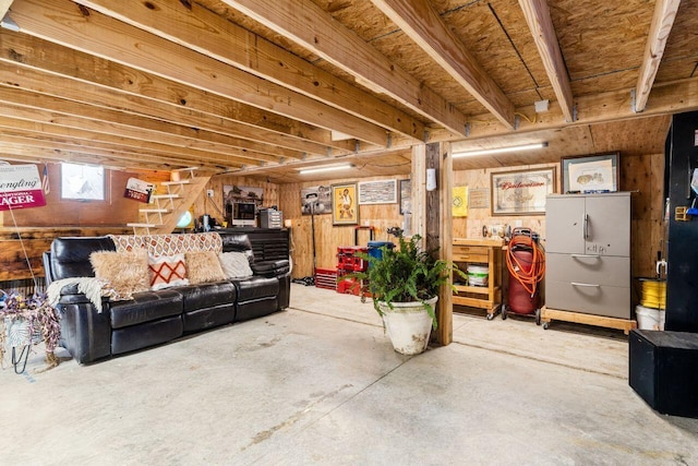 basement with wooden walls