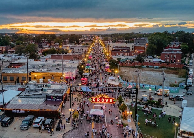 view of aerial view at dusk