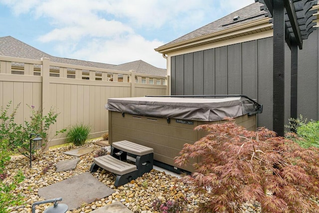 view of patio featuring a hot tub