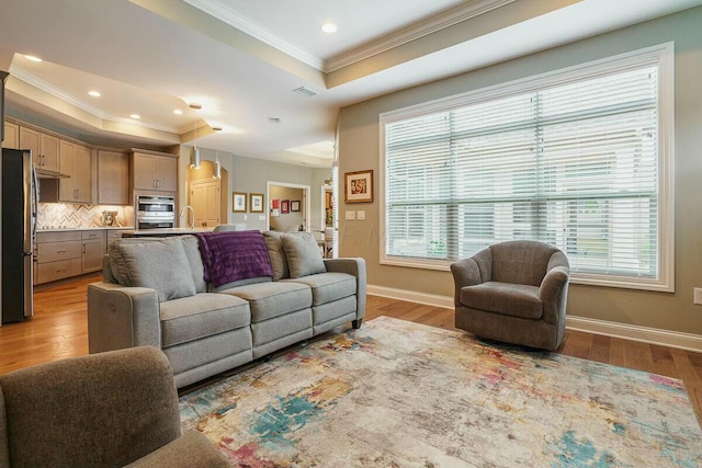 living room featuring a raised ceiling, sink, light hardwood / wood-style floors, and ornamental molding