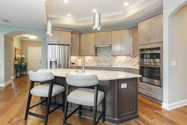 kitchen featuring decorative backsplash, ornamental molding, stainless steel appliances, a tray ceiling, and an island with sink