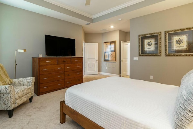 bedroom with light colored carpet, ceiling fan, and ornamental molding