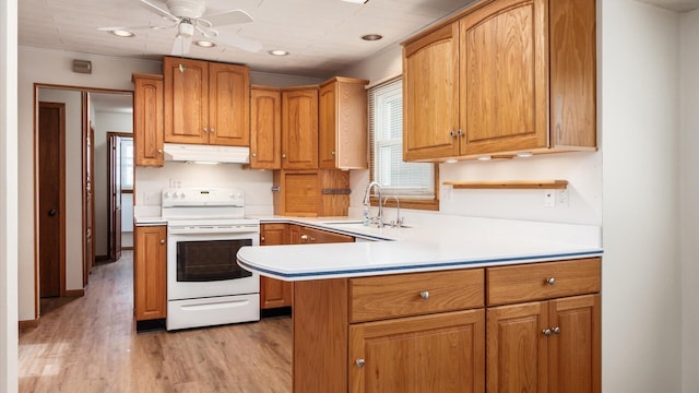 kitchen with kitchen peninsula, light wood-type flooring, white electric range oven, ceiling fan, and sink