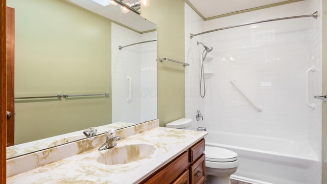 full bathroom with vanity, toilet, ornamental molding, and tub / shower combination