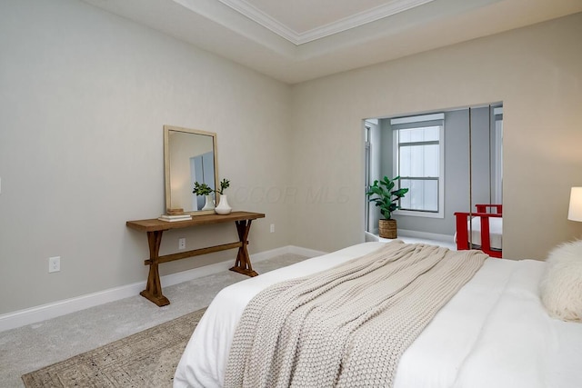 carpeted bedroom with a raised ceiling and ornamental molding