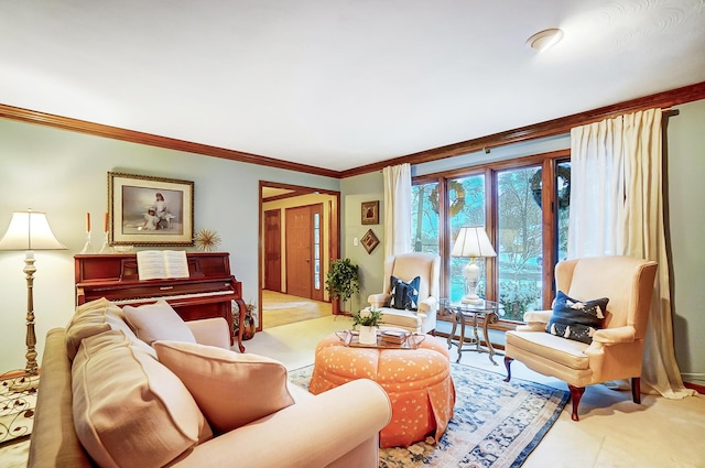 living room featuring crown molding